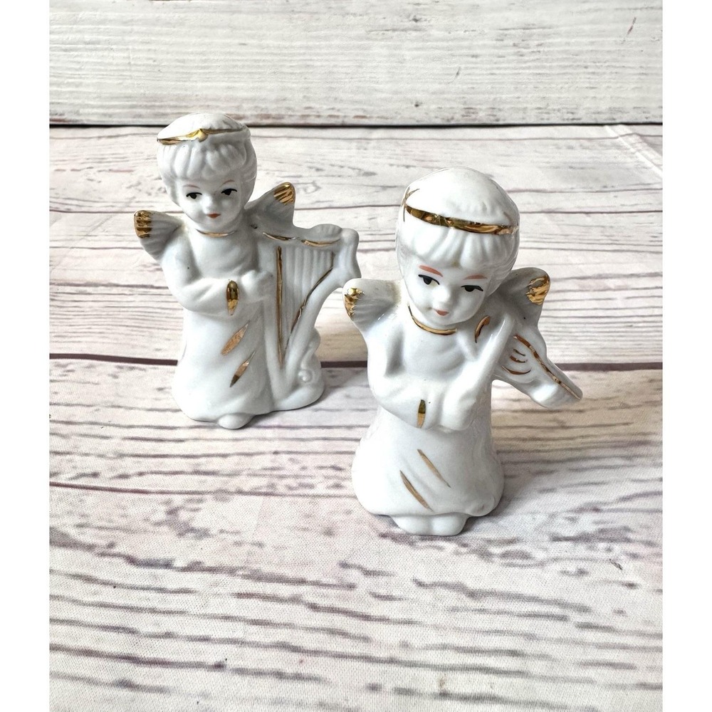Vintage Gold & Ceramic Angels Playing Music Instruments Detailed Made In Japan